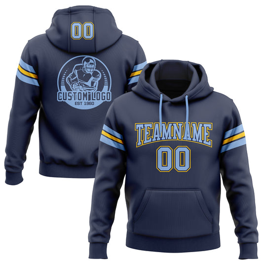 Custom Stitched Navy Light Blue-Yellow Football Pullover Sweatshirt Hoodie - Main View