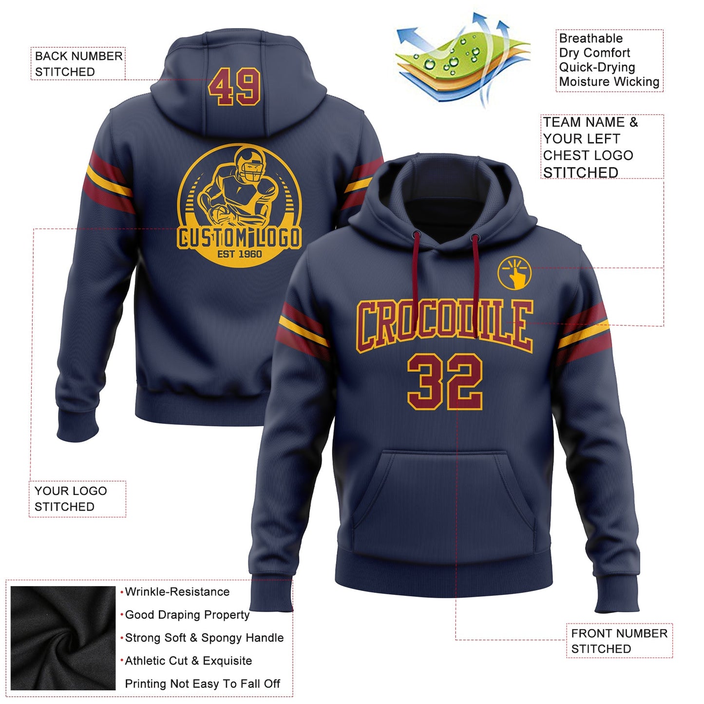Custom Stitched Navy Crimson-Gold Football Pullover Sweatshirt Hoodie view 2
