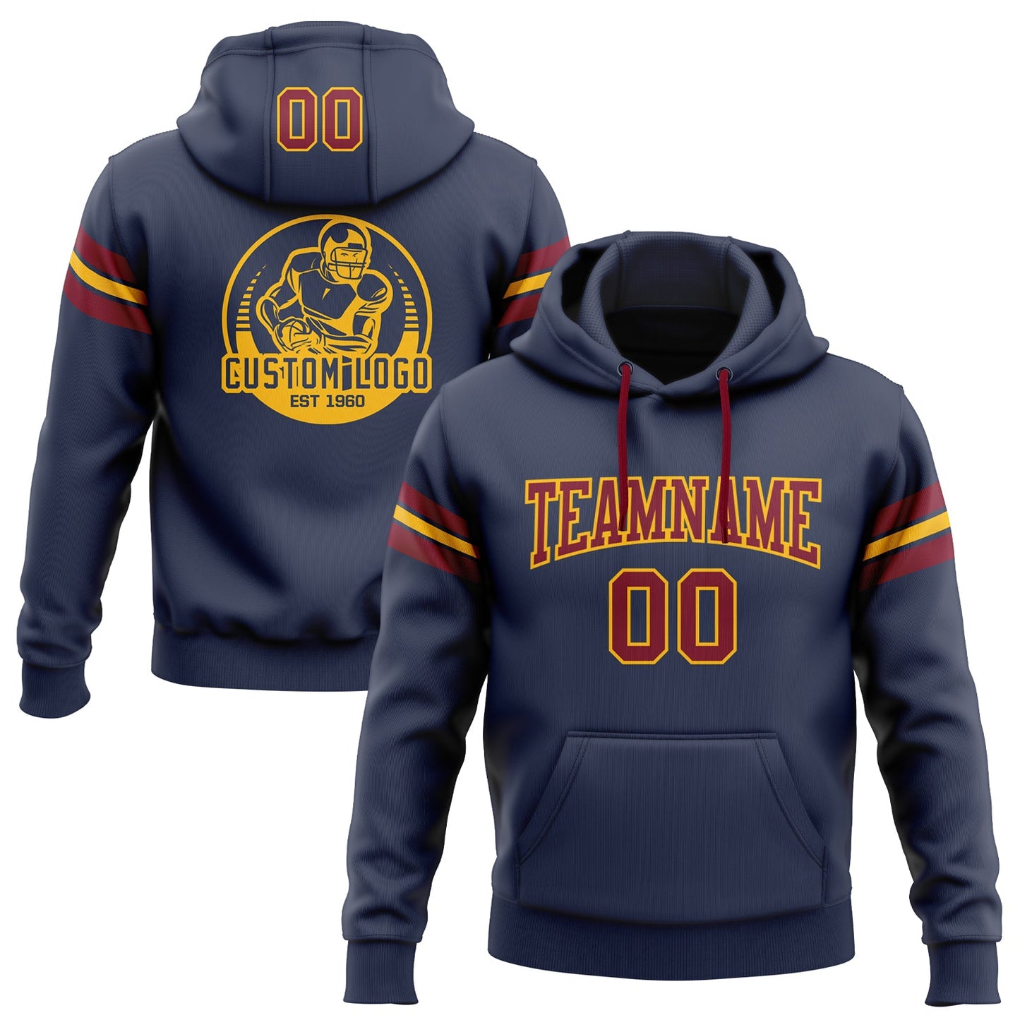 Custom Stitched Navy Crimson-Gold Football Pullover Sweatshirt Hoodie - Main View
