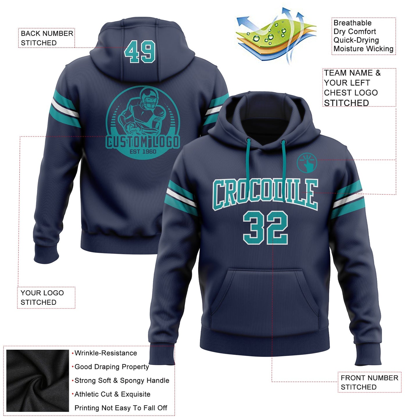Custom Stitched Navy Teal-White Football Pullover Sweatshirt Hoodie view 2