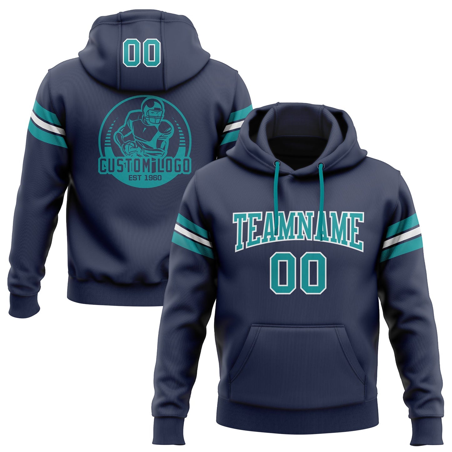 Custom Stitched Navy Teal-White Football Pullover Sweatshirt Hoodie - Main View