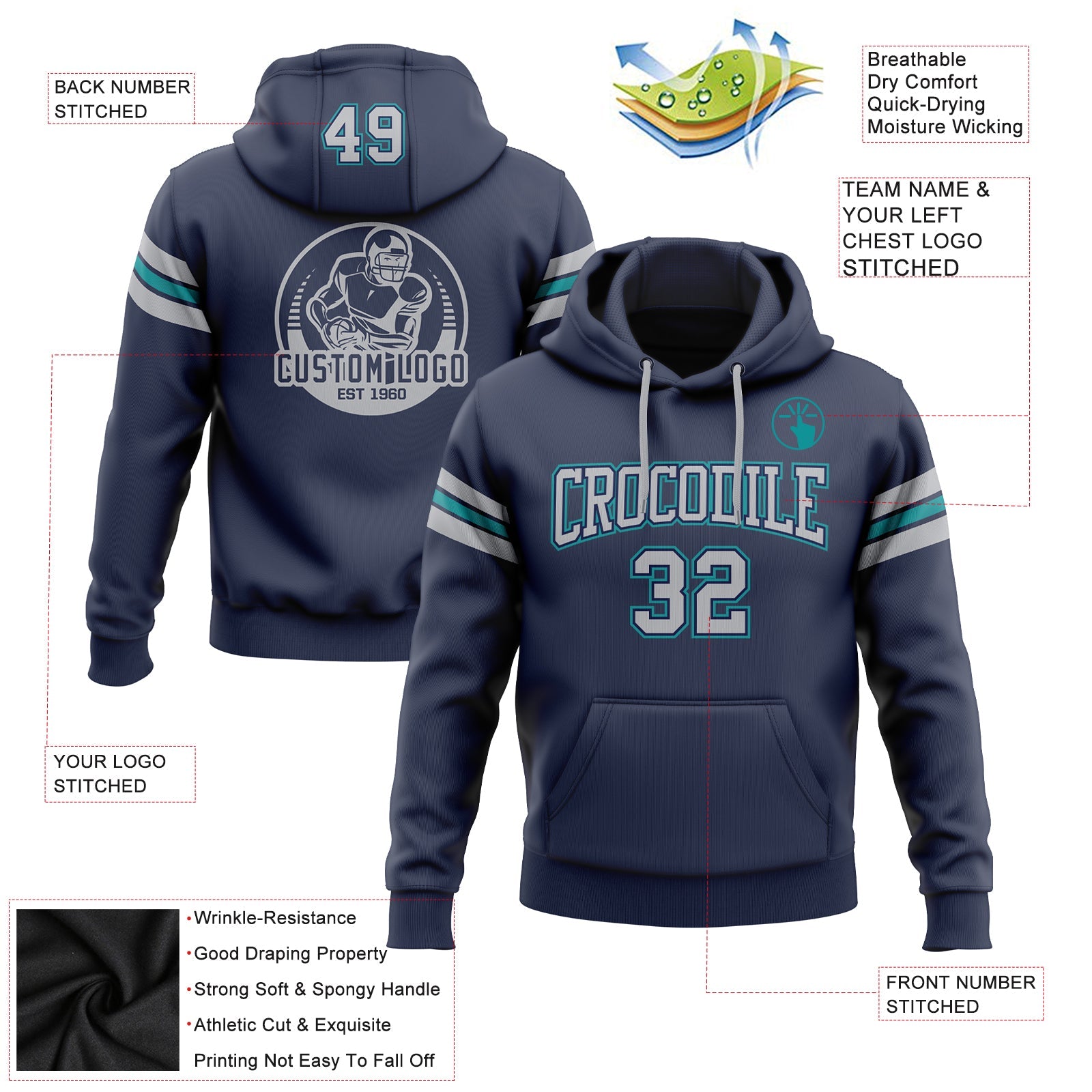 Custom Stitched Navy Gray-Teal Football Pullover Sweatshirt Hoodie view 2