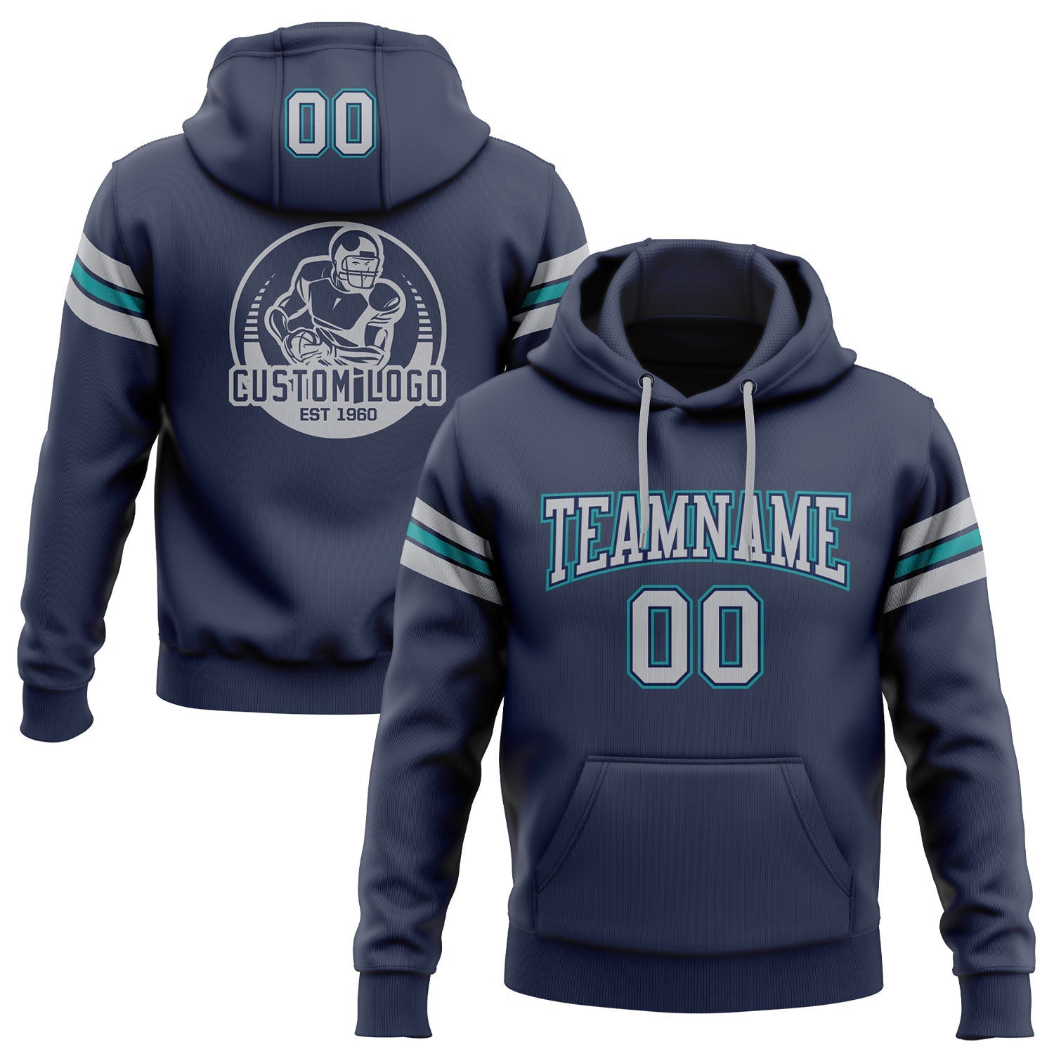 Custom Stitched Navy Gray-Teal Football Pullover Sweatshirt Hoodie - Main View