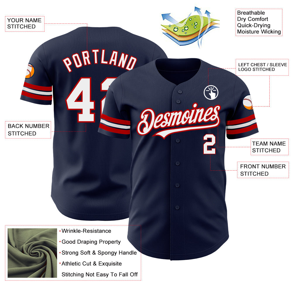 Custom Navy White-Red Authentic Baseball Jersey view 3