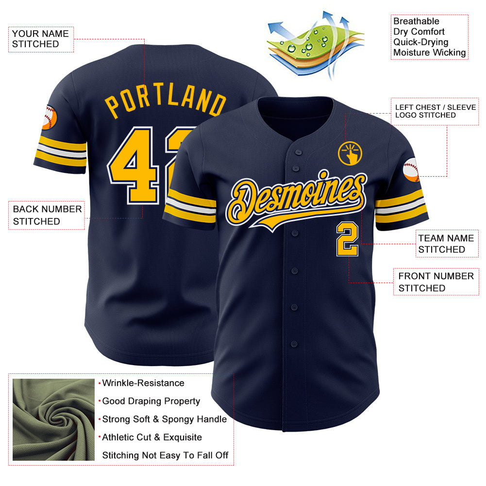 Custom Navy Gold-White Authentic Baseball Jersey view 3