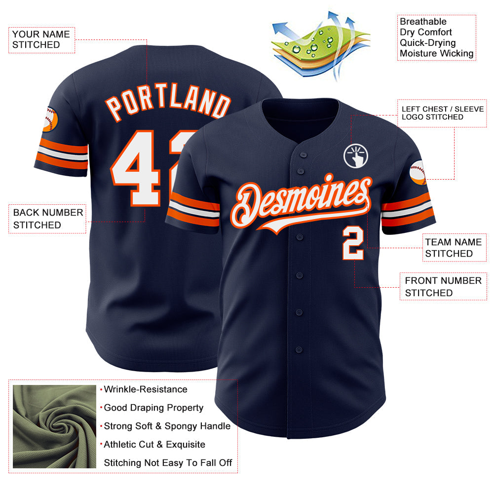 Custom Navy White-Orange Authentic Baseball Jersey view 3