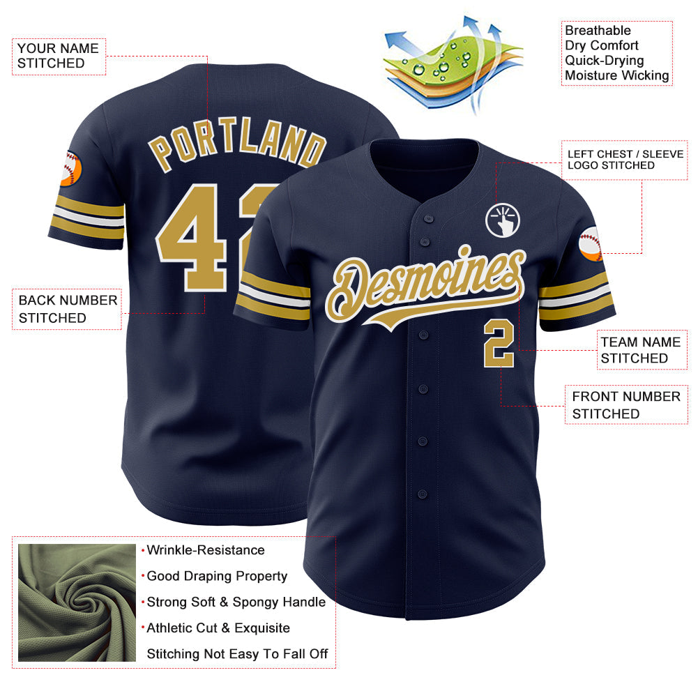 Custom Navy Old Gold-White Authentic Baseball Jersey view 3