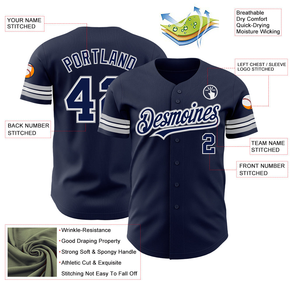 Custom Navy White-Gray Authentic Baseball Jersey view 3