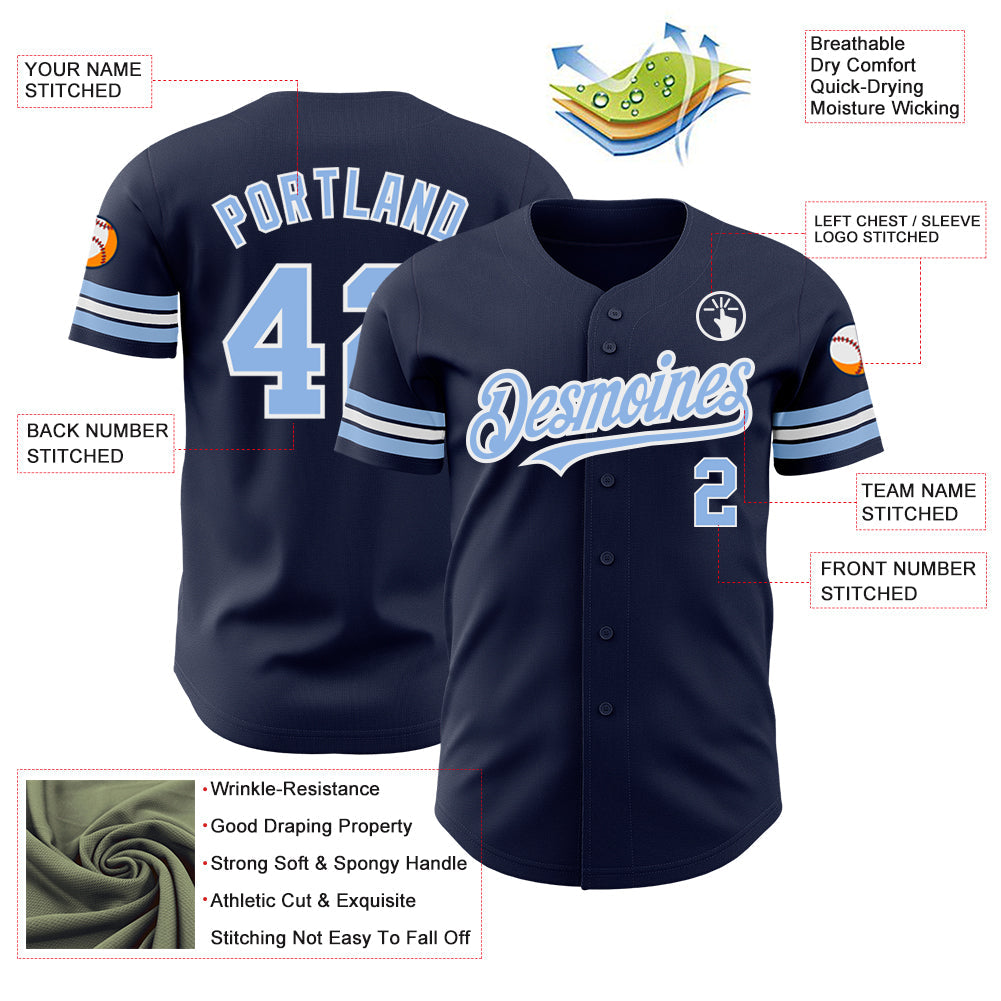 Custom Navy Light Blue-White Authentic Baseball Jersey view 3