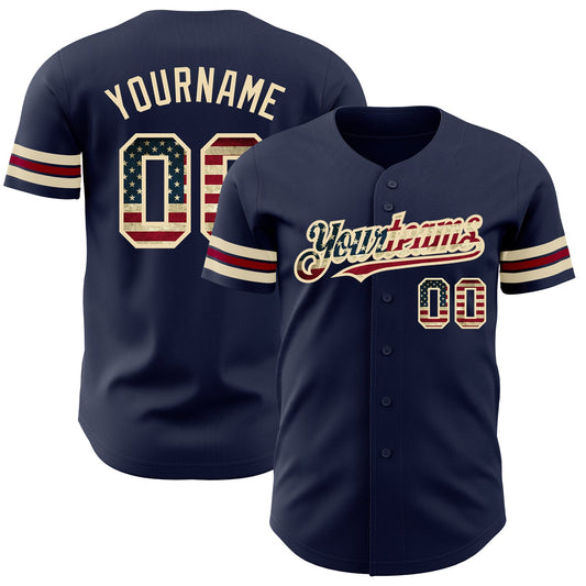 Custom Navy Vintage USA Flag City Cream-Crimson Authentic Baseball Jersey - Main View