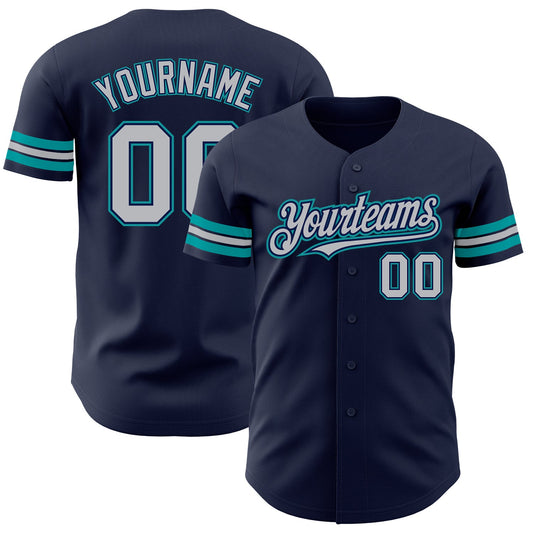 Custom Navy Gray-Teal Authentic Baseball Jersey - Main View
