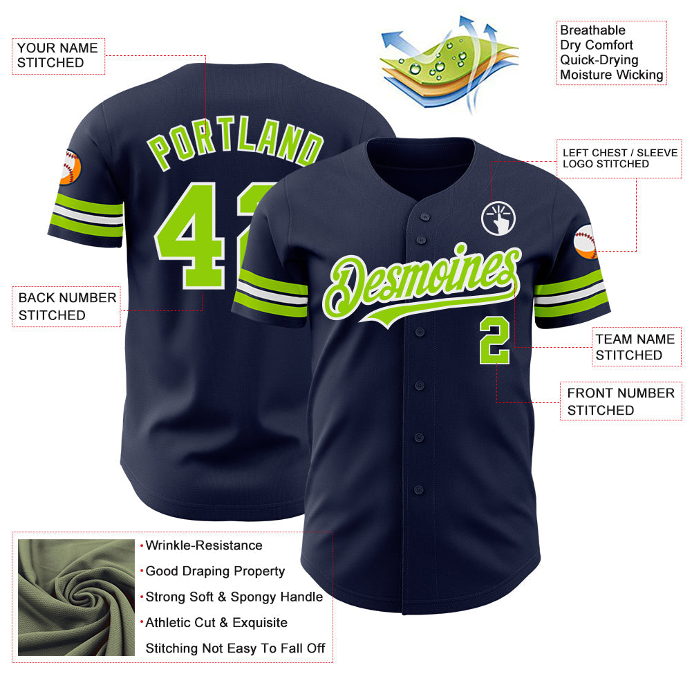 Custom Navy Neon Green-White Authentic Baseball Jersey view 3