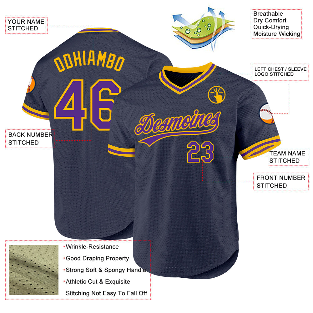Custom Navy Purple-Gold Authentic Throwback Baseball Jersey view 3