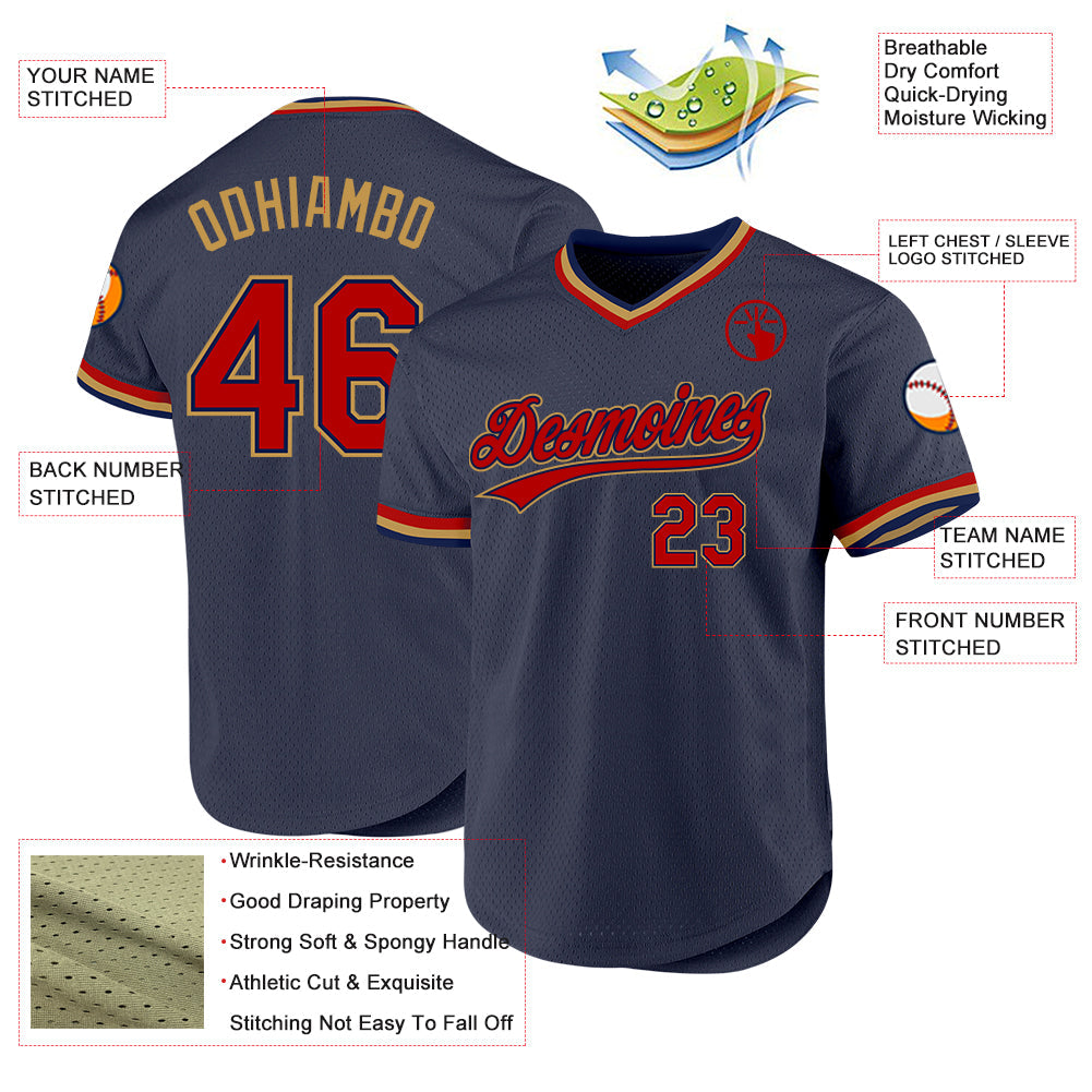 Custom Navy Red-Old Gold Authentic Throwback Baseball Jersey view 3