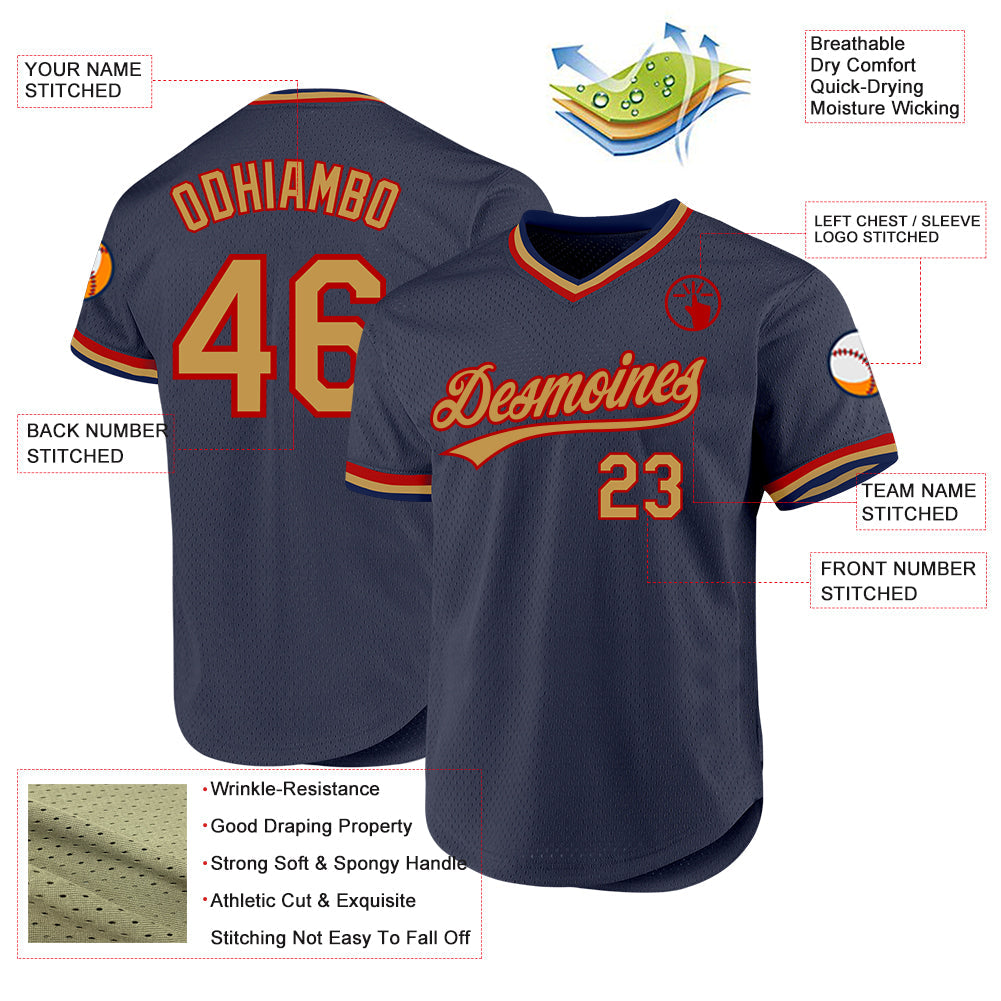 Custom Navy Old Gold-Red Authentic Throwback Baseball Jersey view 3