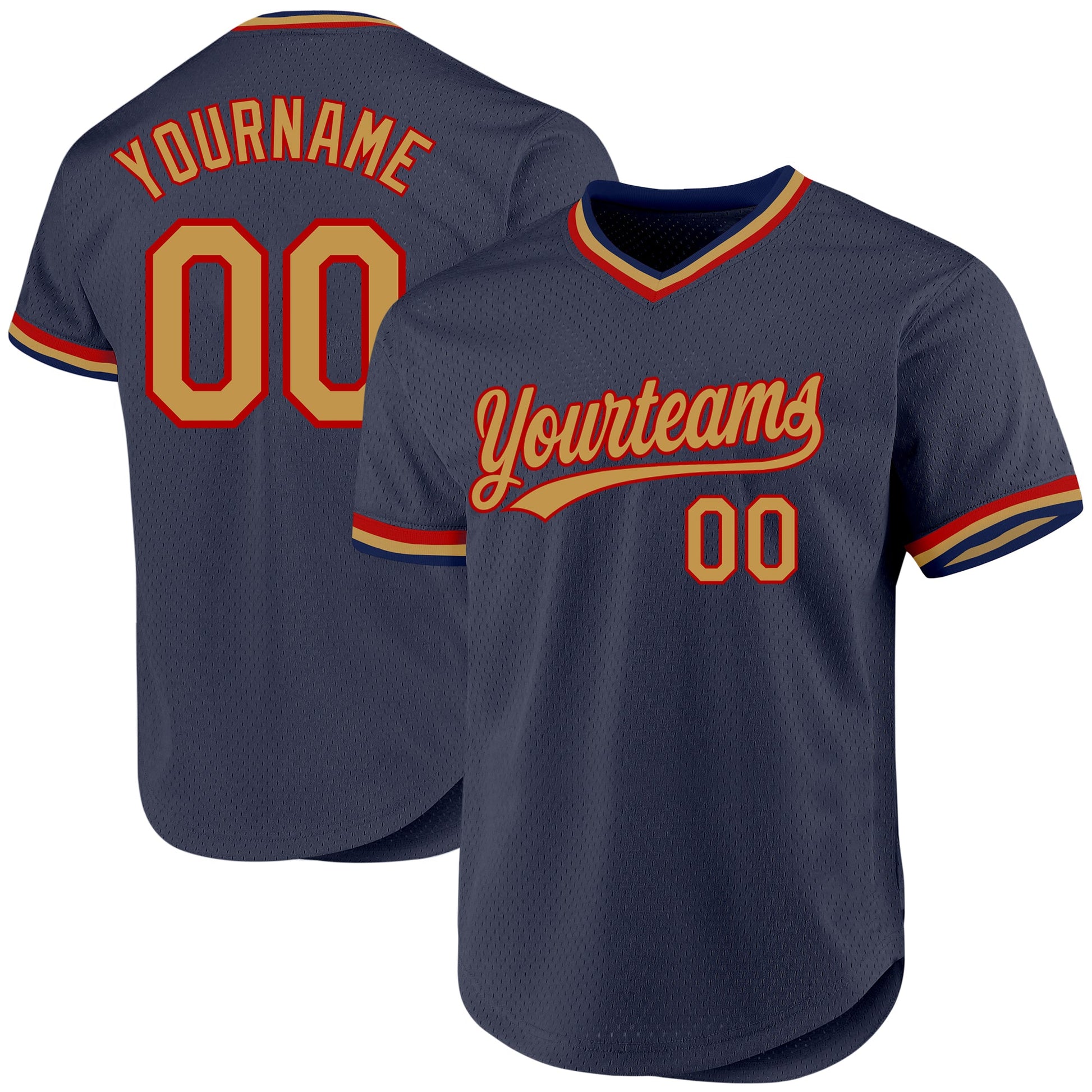 Custom Navy Old Gold-Red Authentic Throwback Baseball Jersey - Main View