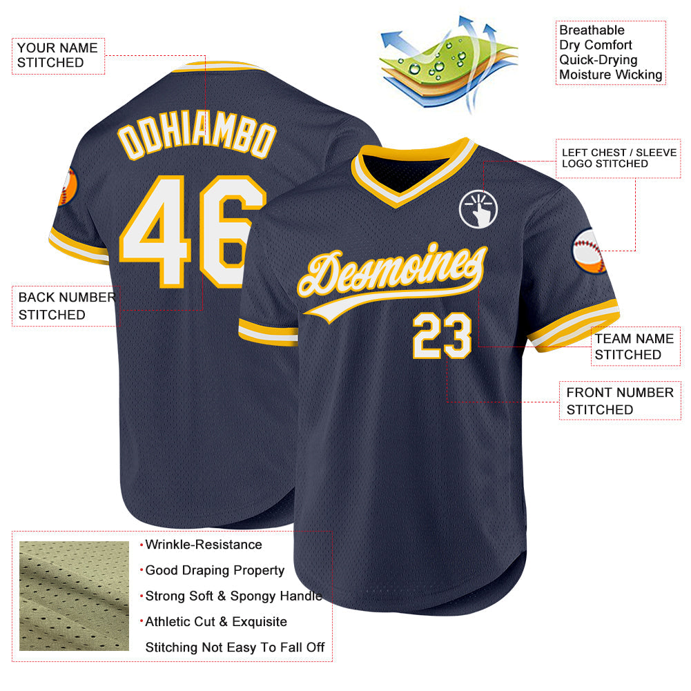 Custom Navy White-Gold Authentic Throwback Baseball Jersey view 3