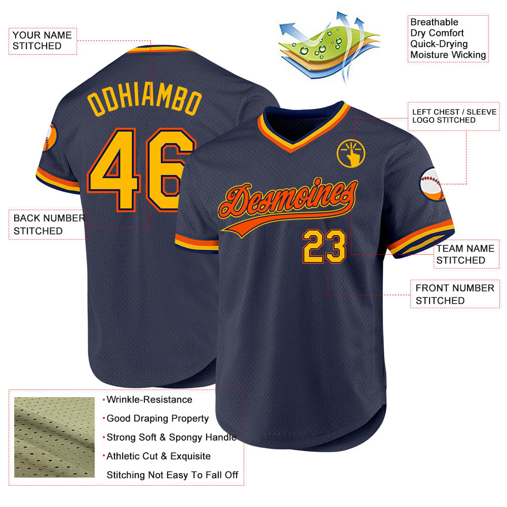 Custom Navy Gold-Orange Authentic Throwback Baseball Jersey view 3