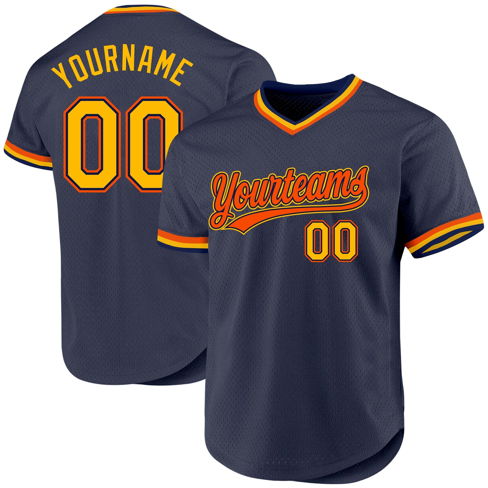Custom Navy Gold-Orange Authentic Throwback Baseball Jersey - Main View