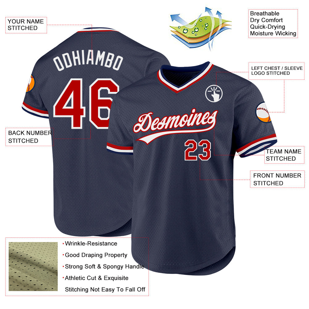 Custom Navy Red-White Authentic Throwback Baseball Jersey view 3