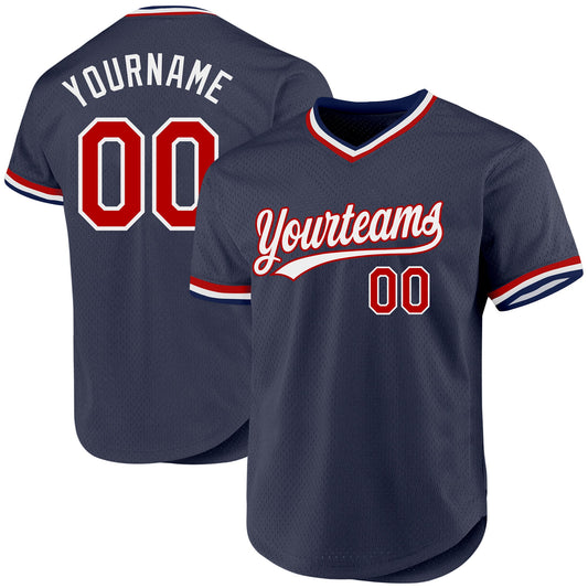 Custom Navy Red-White Authentic Throwback Baseball Jersey - Main View
