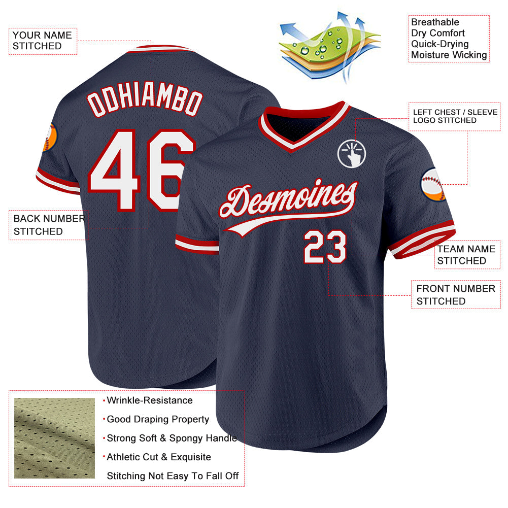 Custom Navy White-Red Authentic Throwback Baseball Jersey view 3