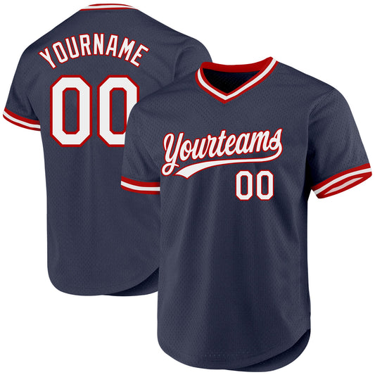 Custom Navy White-Red Authentic Throwback Baseball Jersey - Main View