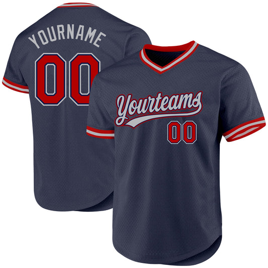 Custom Navy Red-Gray Authentic Throwback Baseball Jersey - Main View