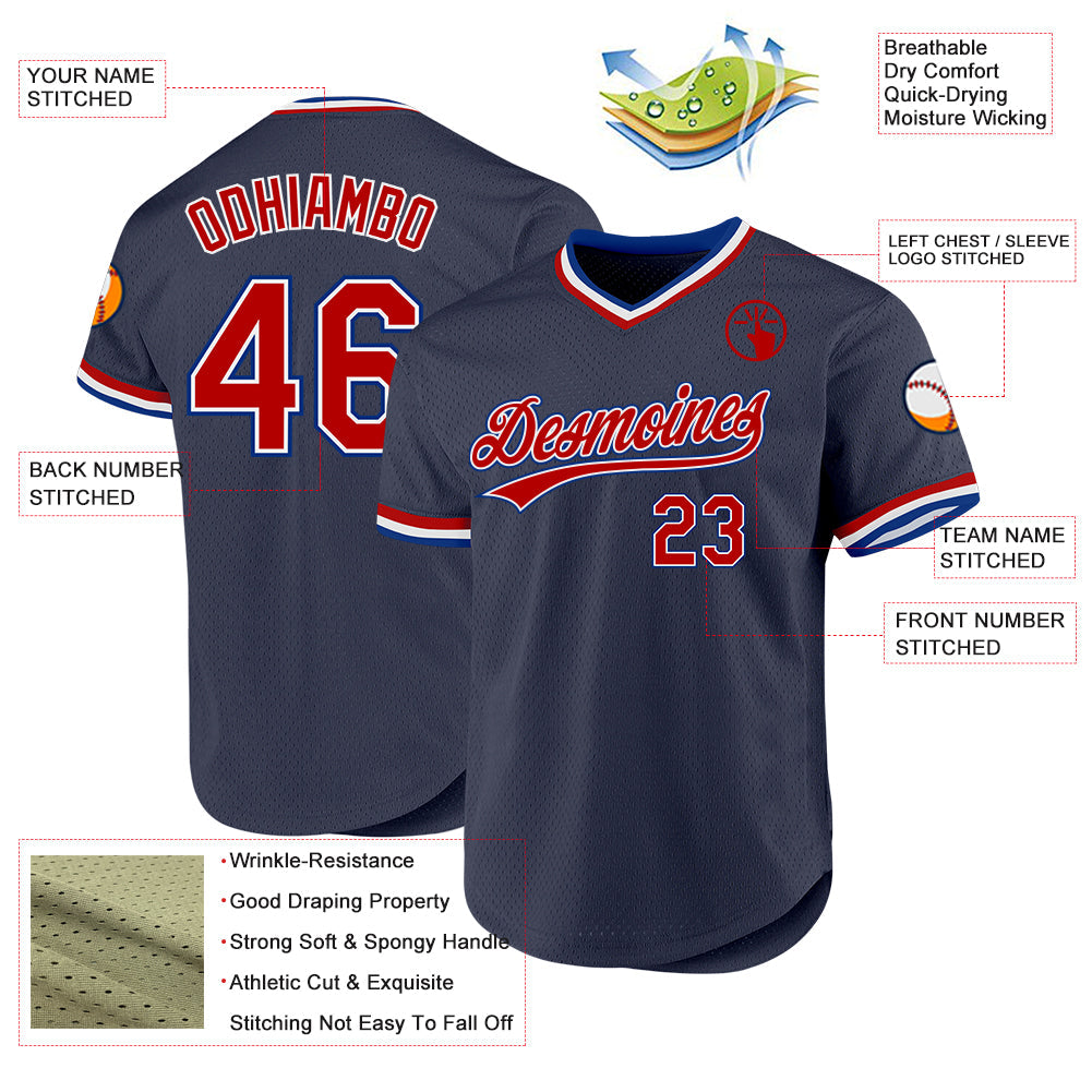 Custom Navy Red-Royal Authentic Throwback Baseball Jersey view 3