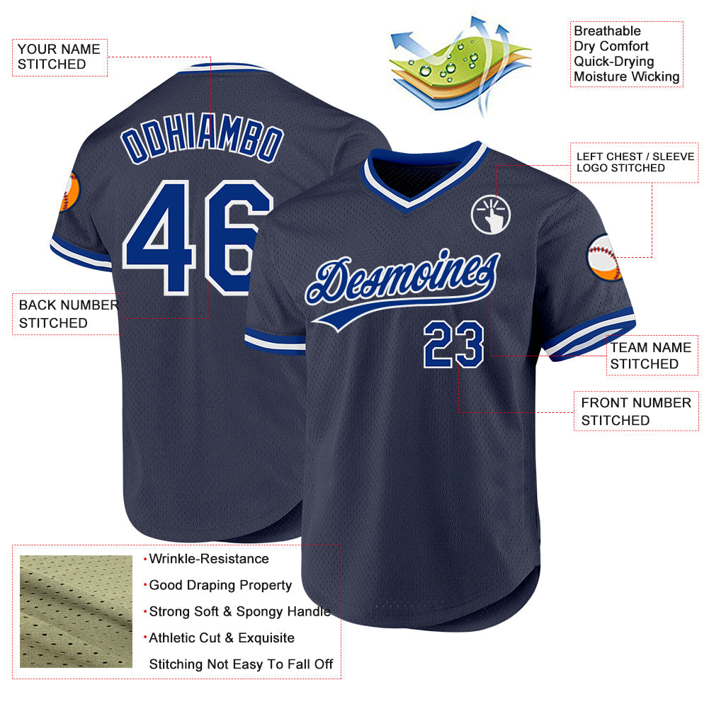 Custom Navy Royal-White Authentic Throwback Baseball Jersey view 3