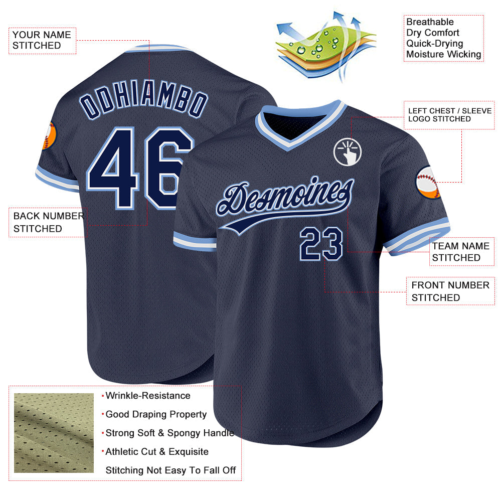Custom Navy Light Blue-White Authentic Throwback Baseball Jersey view 3