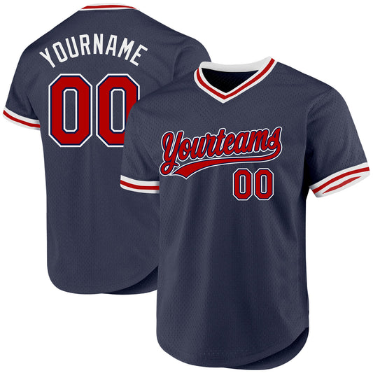 Custom Navy Red-White Authentic Throwback Baseball Jersey - Main View