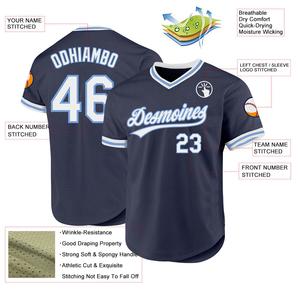 Custom Navy White-Light Blue Authentic Throwback Baseball Jersey view 3