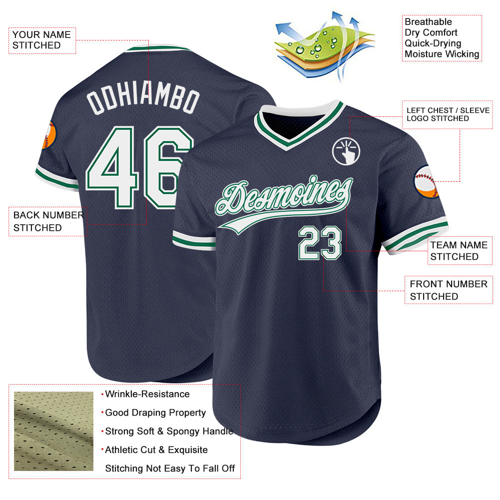 Custom Navy White-Kelly Green Authentic Throwback Baseball Jersey view 3