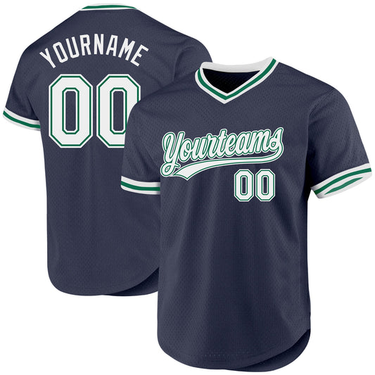 Custom Navy White-Kelly Green Authentic Throwback Baseball Jersey - Main View