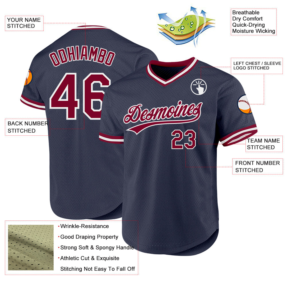 Custom Navy Maroon-White Authentic Throwback Baseball Jersey view 3