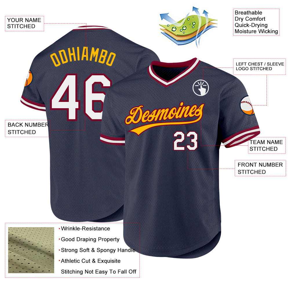 Custom Navy Maroon-Gold Authentic Throwback Baseball Jersey view 3