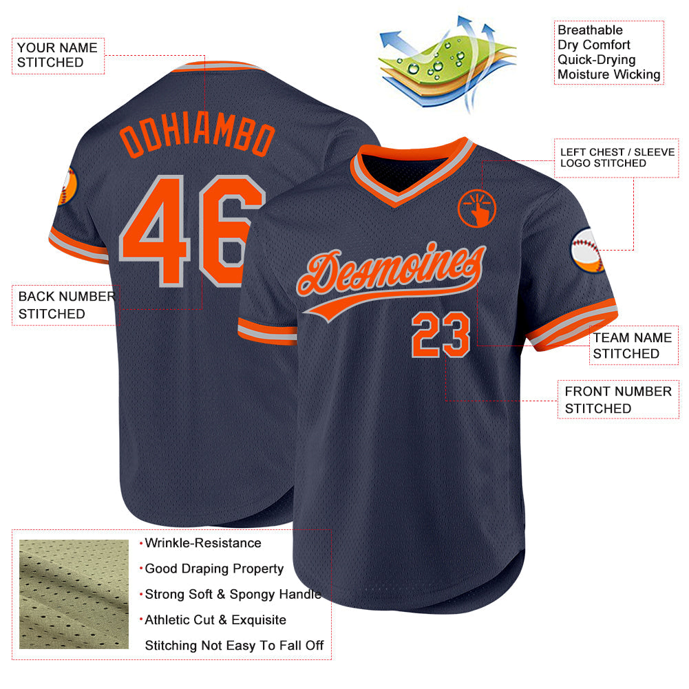 Custom Navy Orange-Gray Authentic Throwback Baseball Jersey view 3