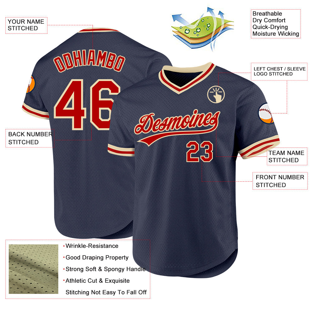 Custom Navy Red-Cream Authentic Throwback Baseball Jersey view 3