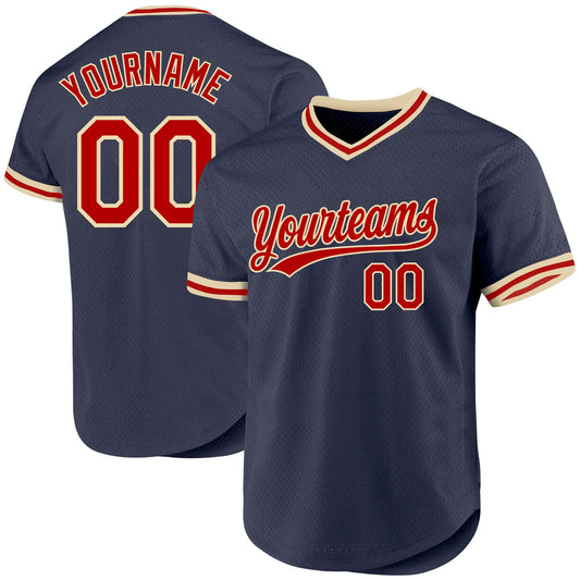 Custom Navy Red-Cream Authentic Throwback Baseball Jersey - Main View