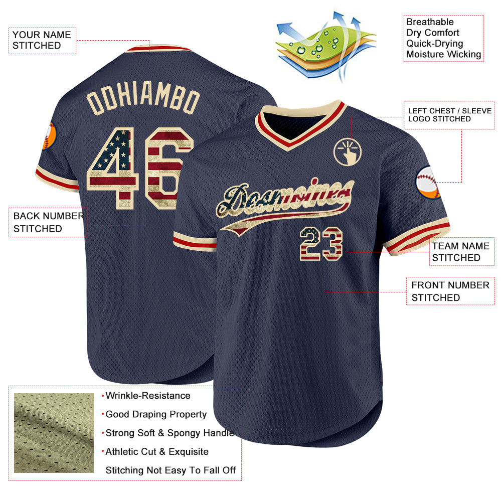 Custom Navy Vintage USA Flag Cream-Red Authentic Throwback Baseball Jersey view 3