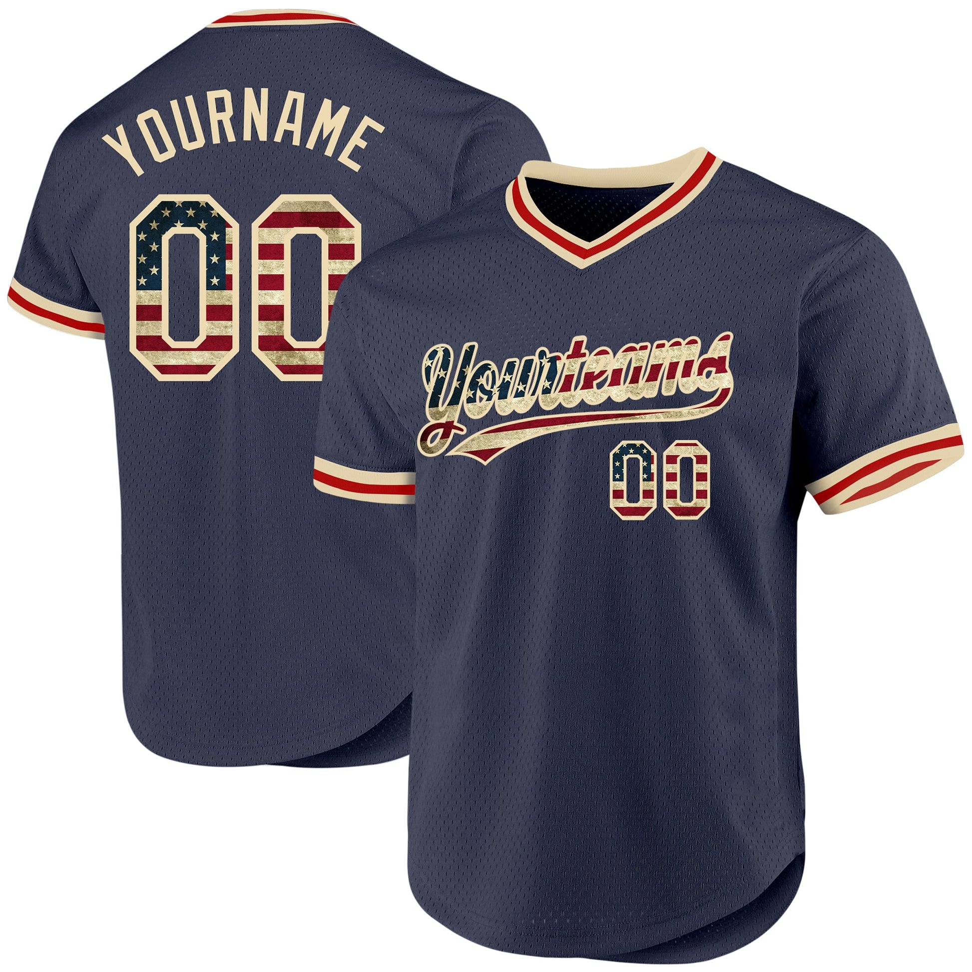 Custom Navy Vintage USA Flag Cream-Red Authentic Throwback Baseball Jersey - Main View