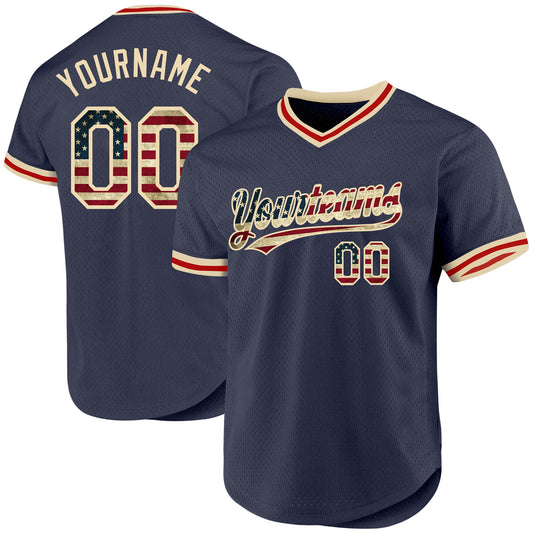 Custom Navy Vintage USA Flag Cream-Red Authentic Throwback Baseball Jersey - Main View