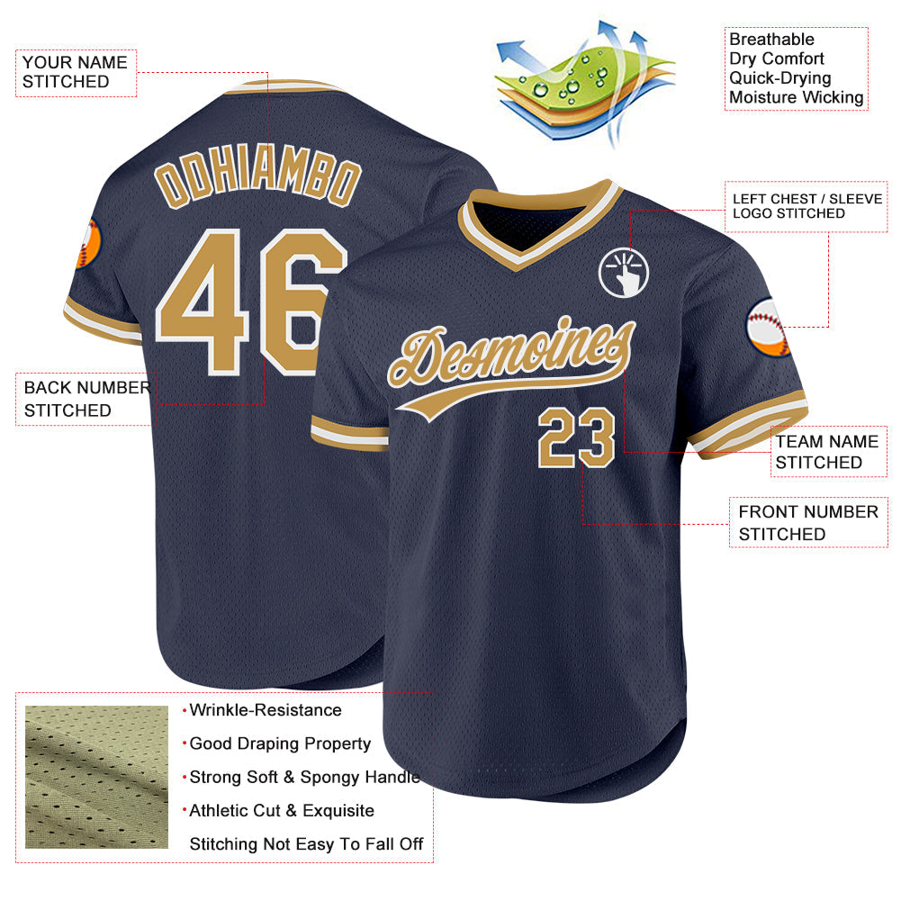 Custom Navy Old Gold-White Authentic Throwback Baseball Jersey view 3