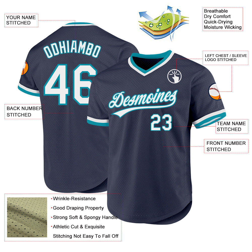 Custom Navy White-Teal Authentic Throwback Baseball Jersey view 3