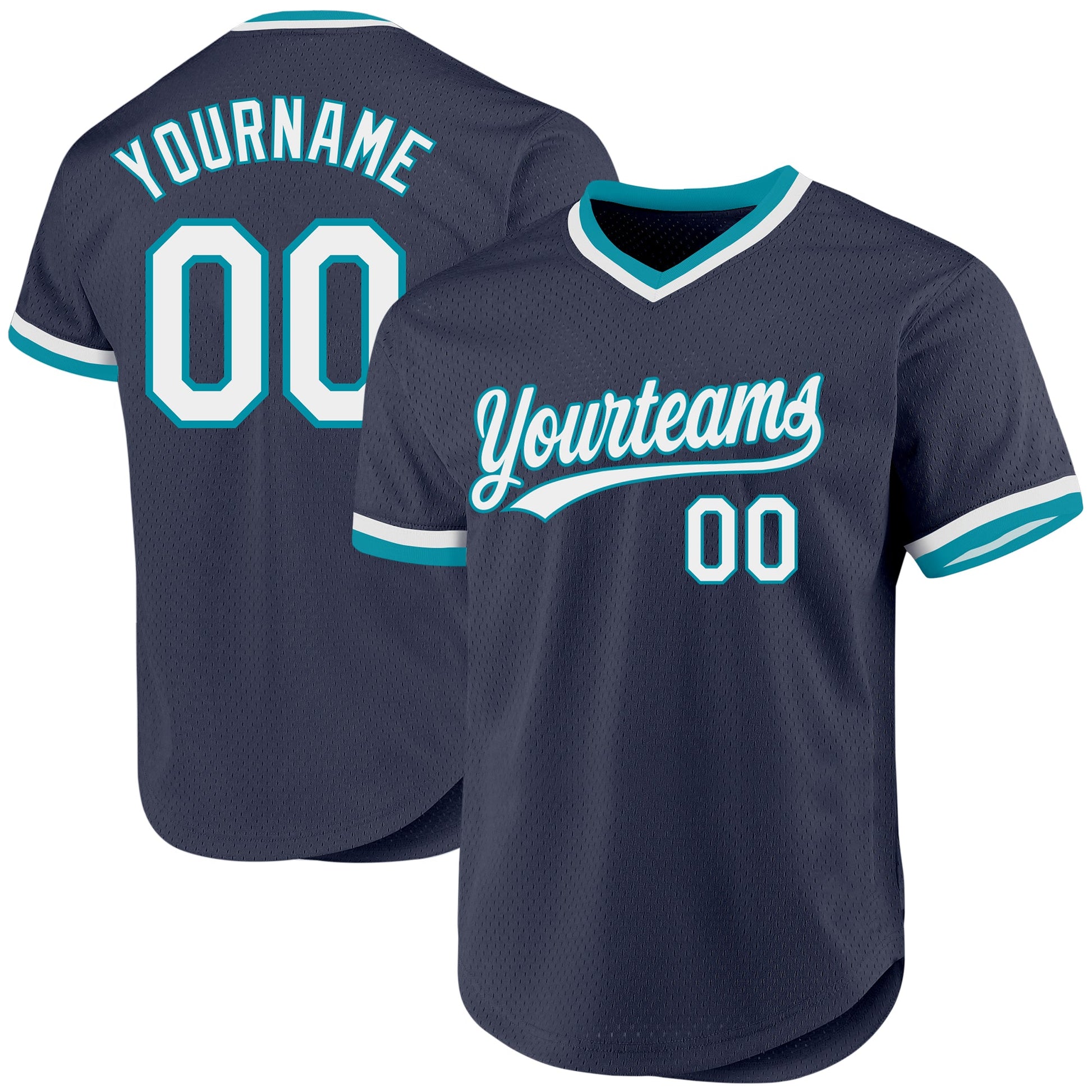Custom Navy White-Teal Authentic Throwback Baseball Jersey - Main View
