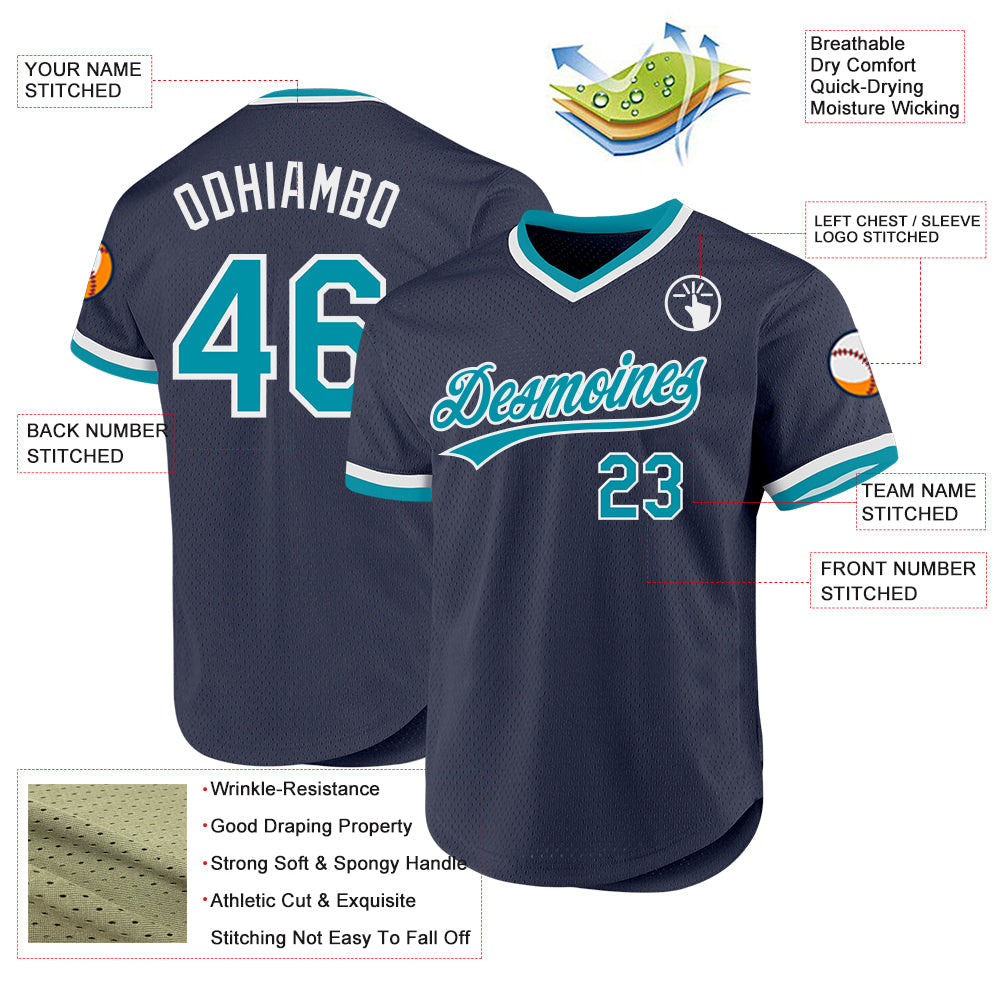 Custom Navy Teal-White Authentic Throwback Baseball Jersey view 3