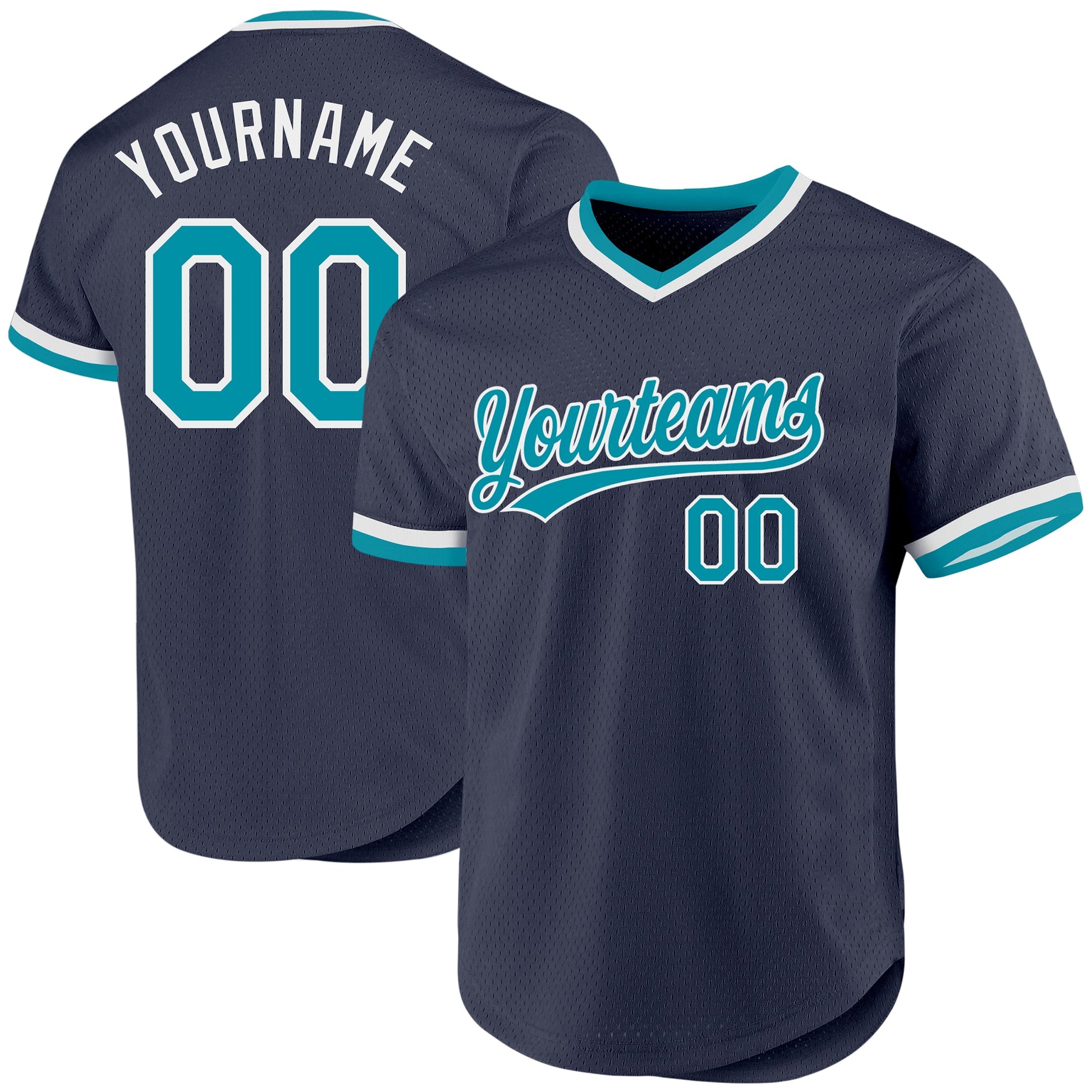 Custom Navy Teal-White Authentic Throwback Baseball Jersey - Main View