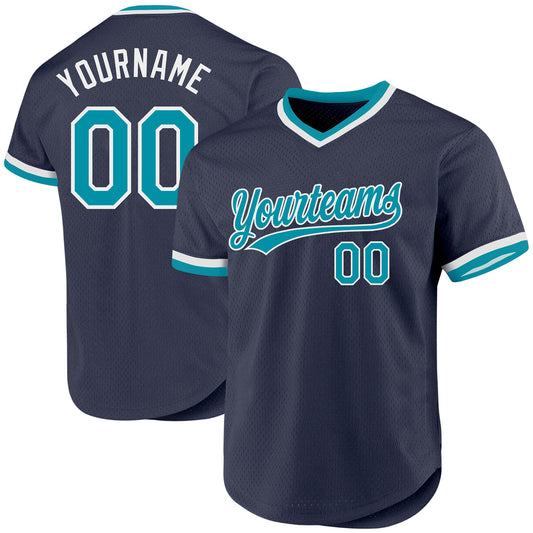 Custom Navy Teal-White Authentic Throwback Baseball Jersey - Main View