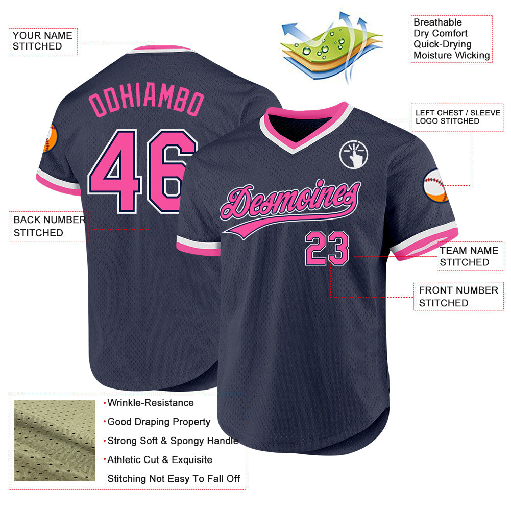 Custom Navy Pink-White Authentic Throwback Baseball Jersey view 3